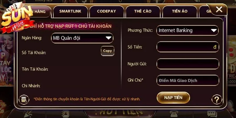 Giao dịch Sunwin cho phép người chơi thực hiện các thao tác nạp rút tiền 